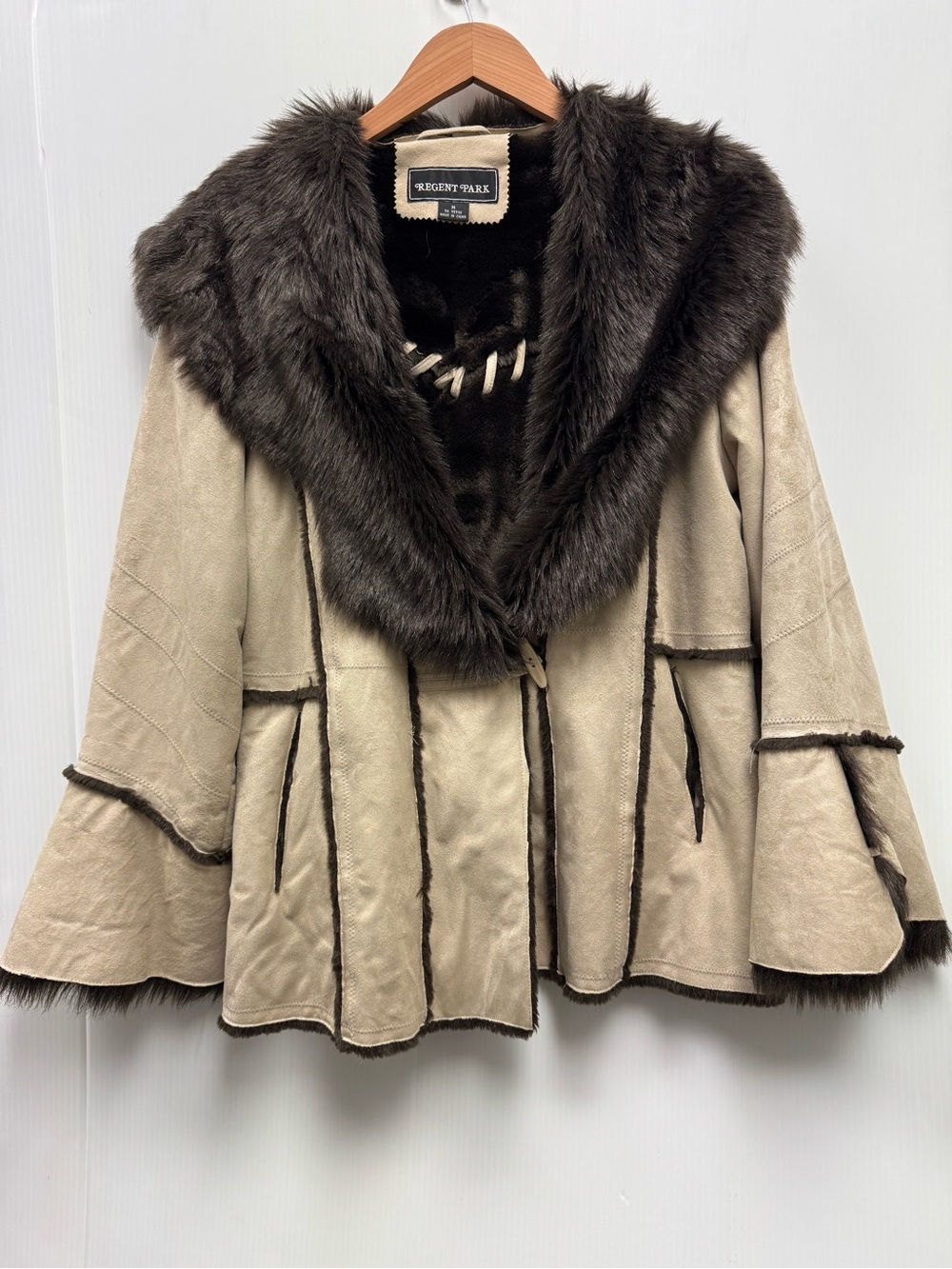 Regent Park Cream Faux Suede-Style Jacket with Dark Brown Faux Fur Collar